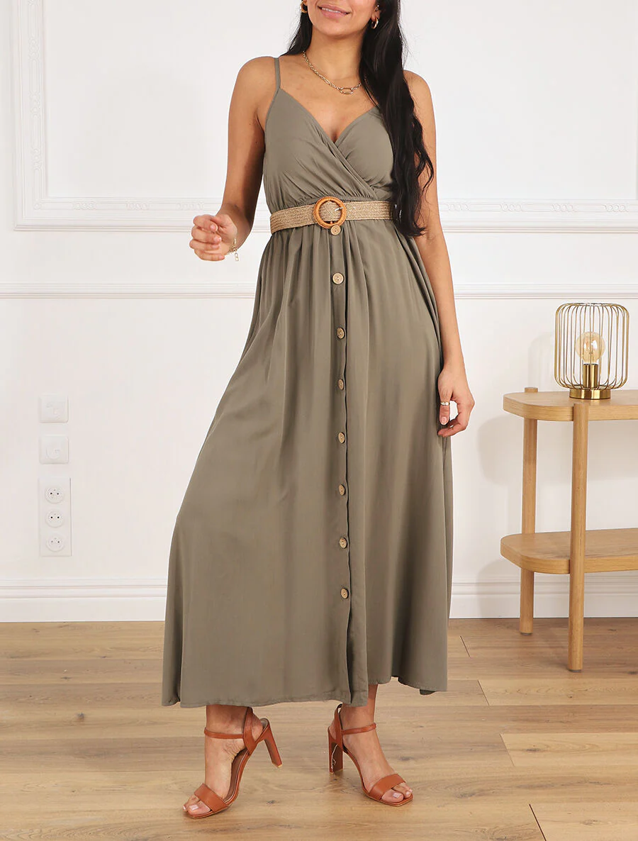 Robe longue unie à bretelles et boutons - Kaki - Image 4