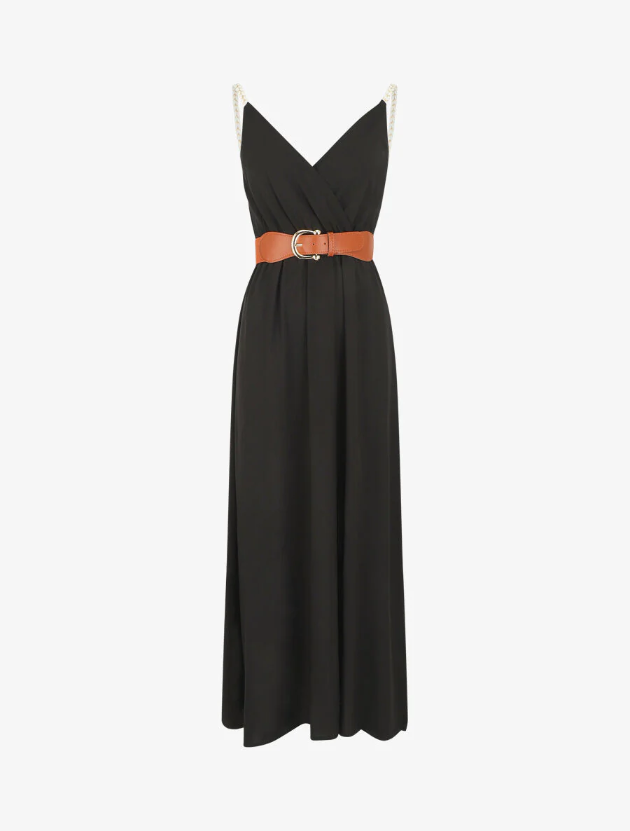 Robe longue unie à bretelles fantaisies - Noir