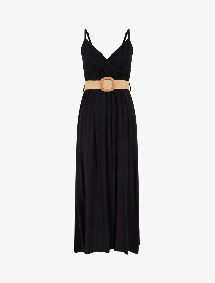 Robe longue unie à buste en dentelle - Noir