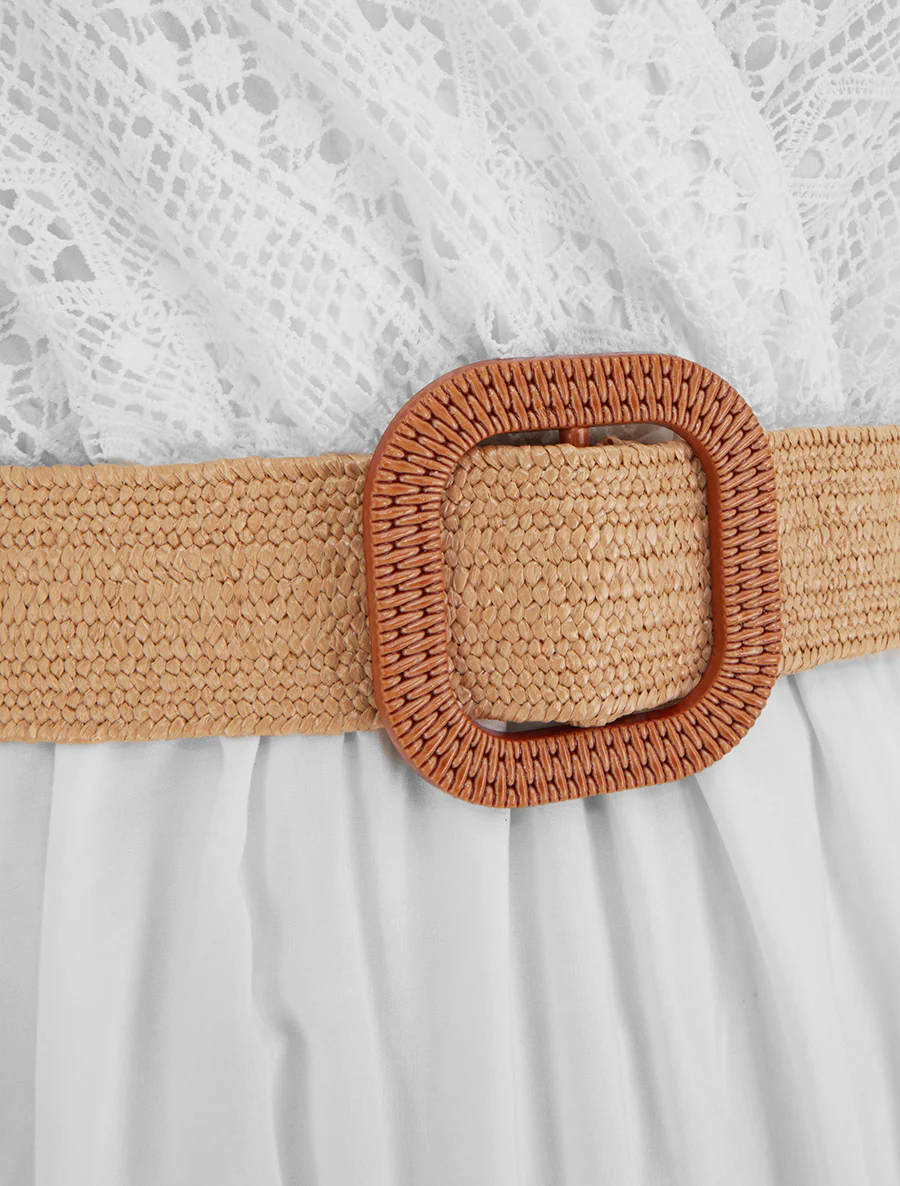 Robe longue unie à buste en dentelle - Blanc - Image 3