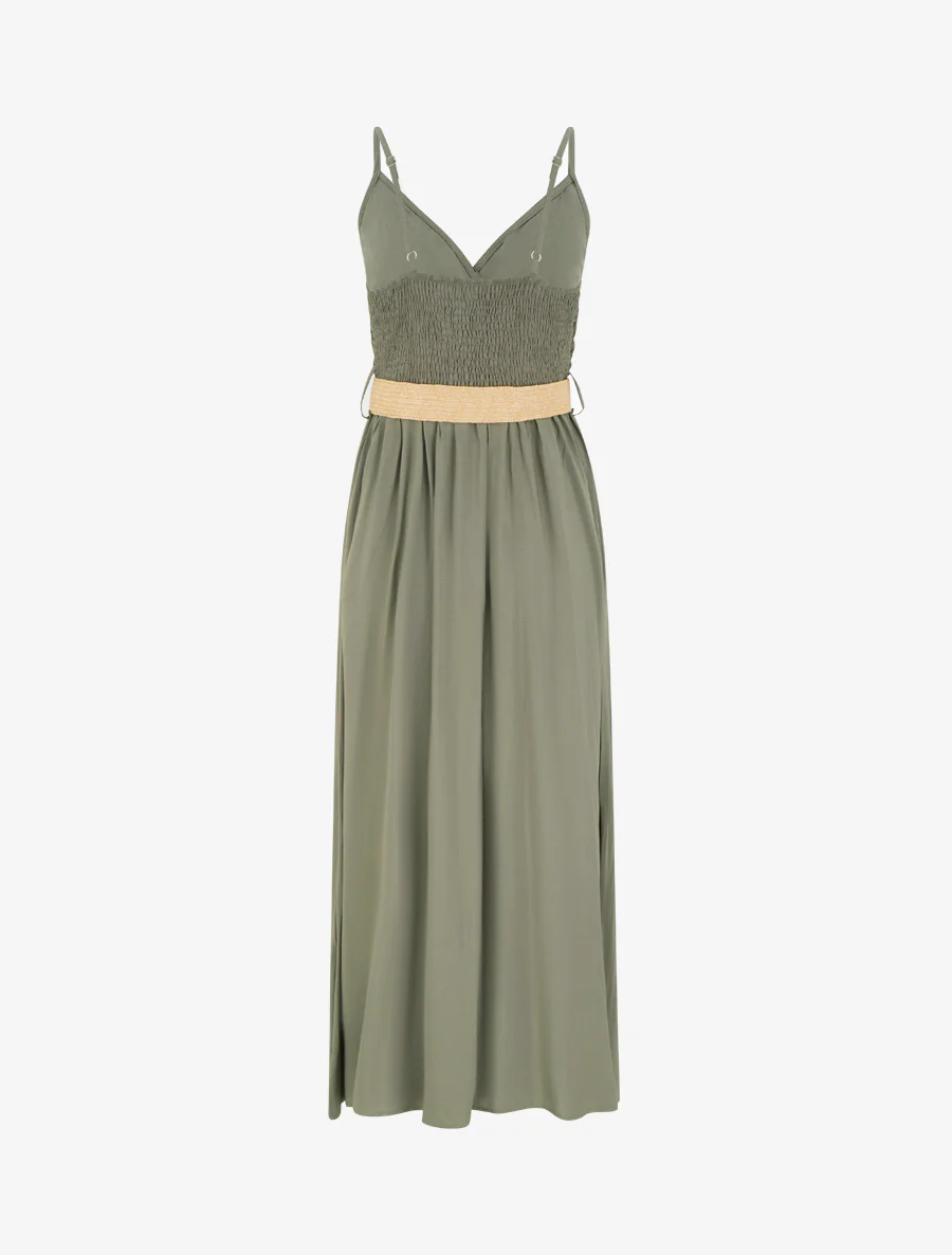 Robe longue unie à buste en dentelle - Kaki - Image 2