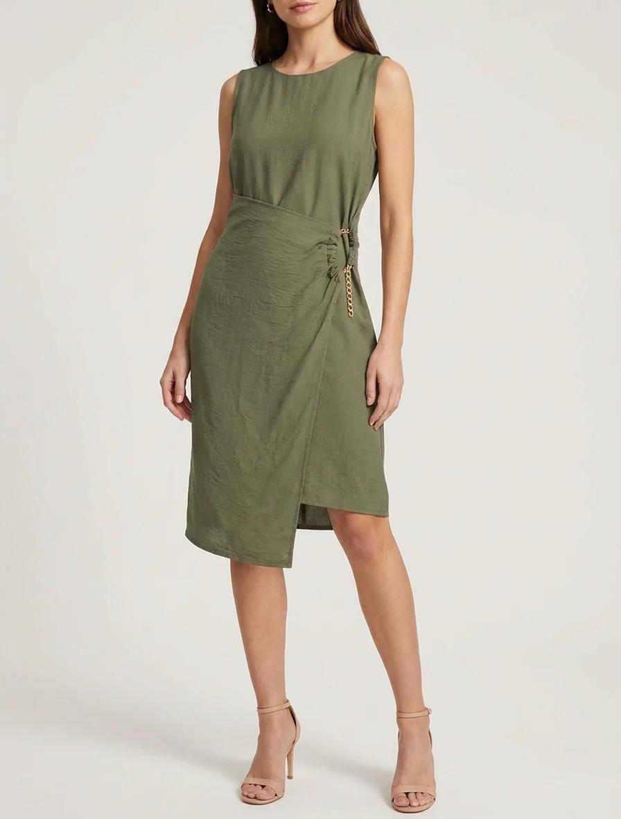Robe longue unie à chaînette - Kaki - Image 4