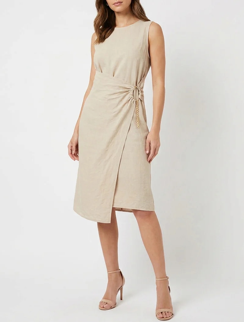 Robe longue unie à chaînette - Beige - Image 4