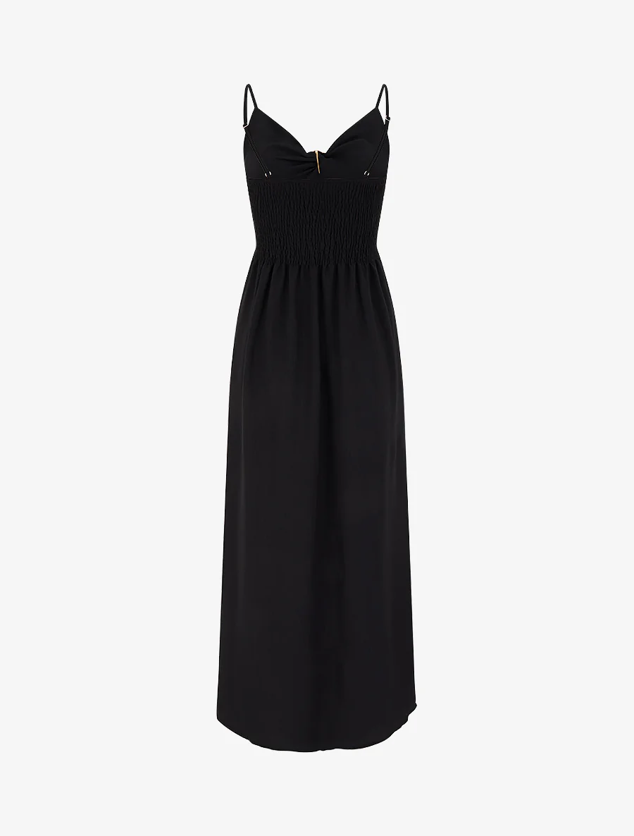 Robe longue unie à col V bijou - Noir - Image 2