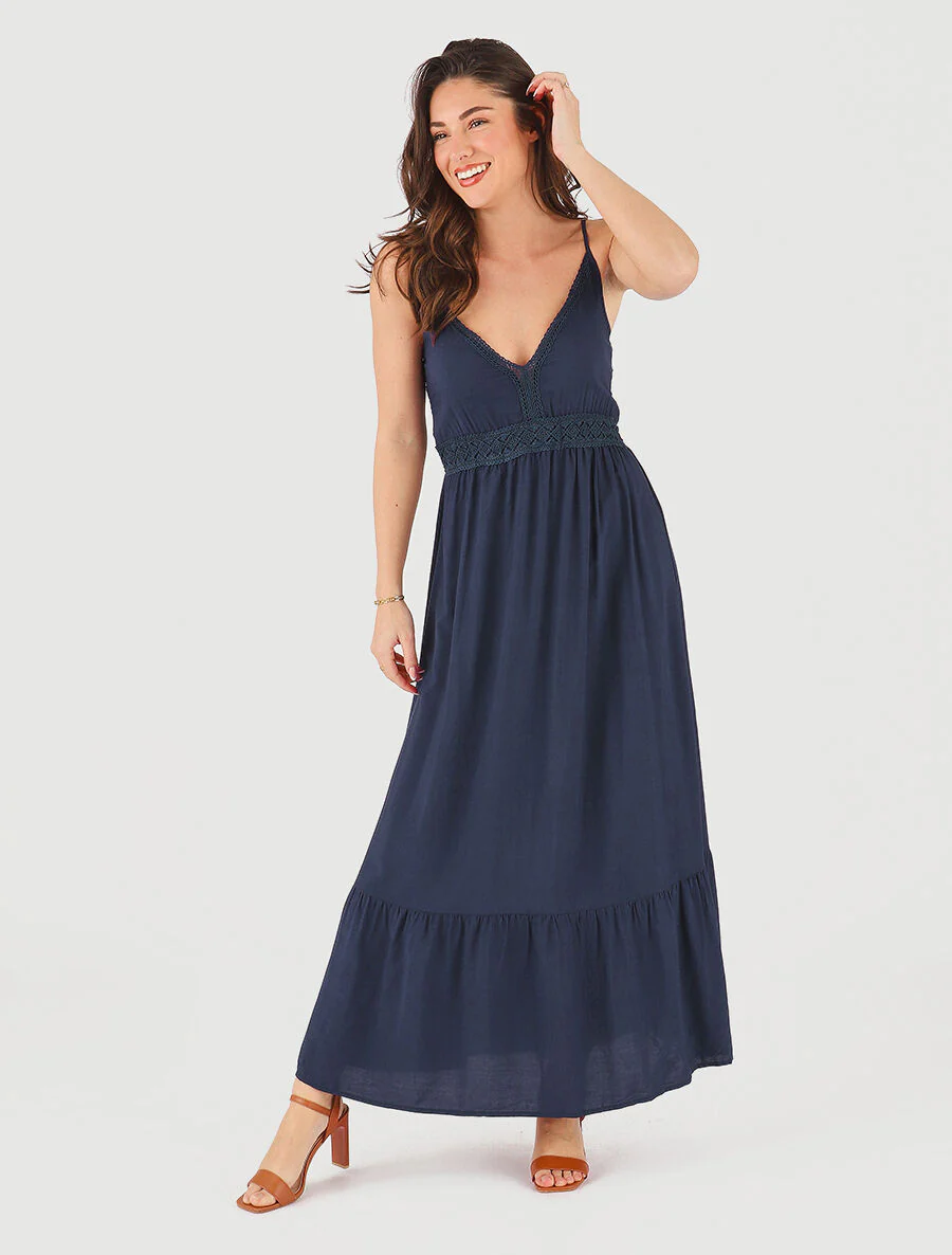 Robe longue unie à fines bretelles - Marine - Image 4
