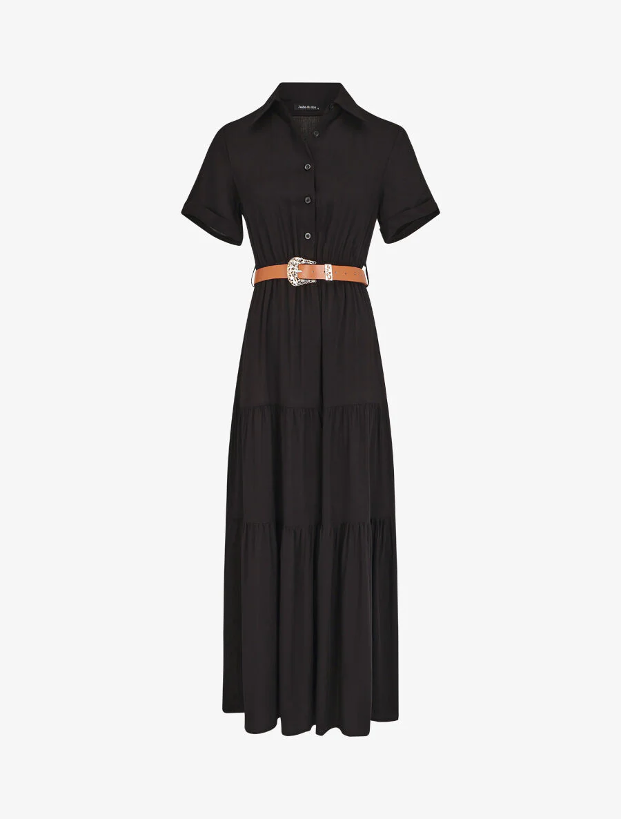 Robe longue unie à taille élastiquée - Noir