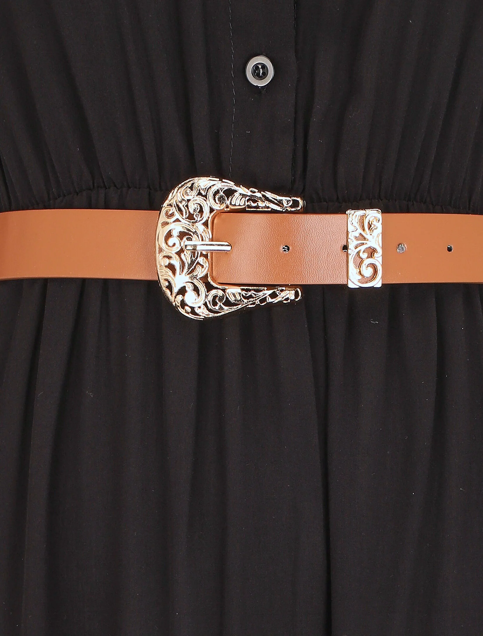 Robe longue unie à taille élastiquée - Noir - Image 3