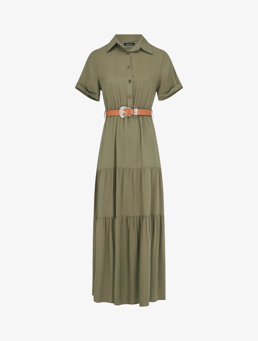 Robe longue unie à taille élastiquée - Kaki
