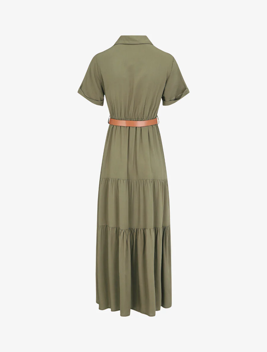 Robe longue unie à taille élastiquée - Kaki - Image 2
