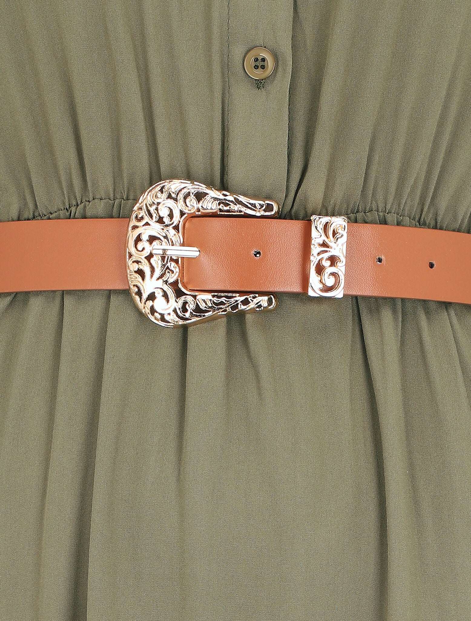 Robe longue unie à taille élastiquée - Kaki - Image 3