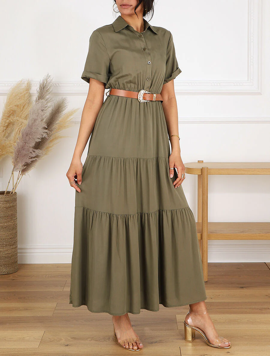 Robe longue unie à taille élastiquée - Kaki - Image 4
