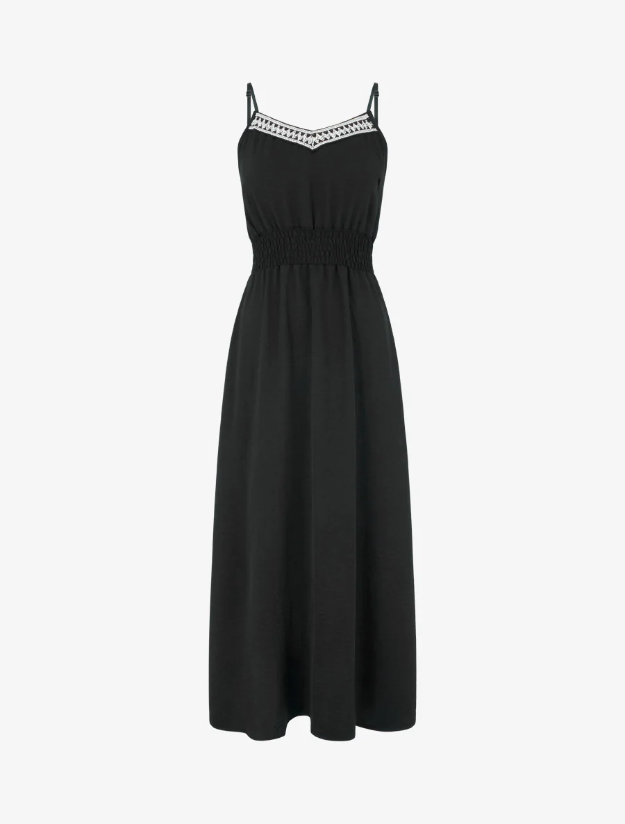 Robe longue unie à taille élastiquée - Noir