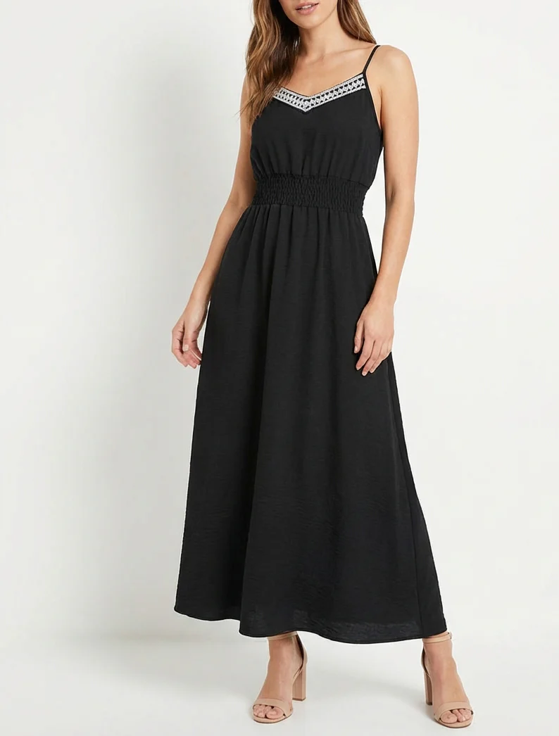Robe longue unie à taille élastiquée - Noir - Image 4