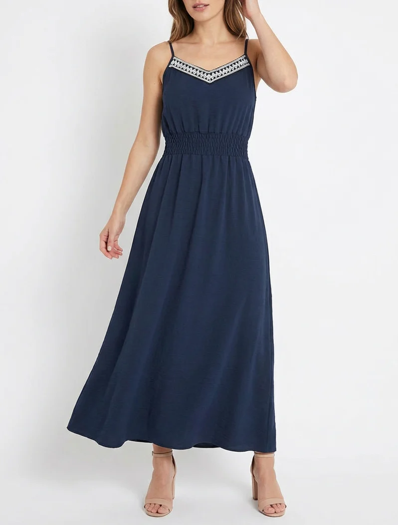 Robe longue unie à taille élastiquée - Marine - Image 4