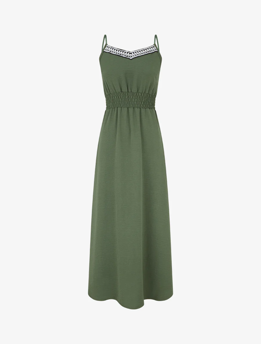 Robe longue unie à taille élastiquée - Kaki