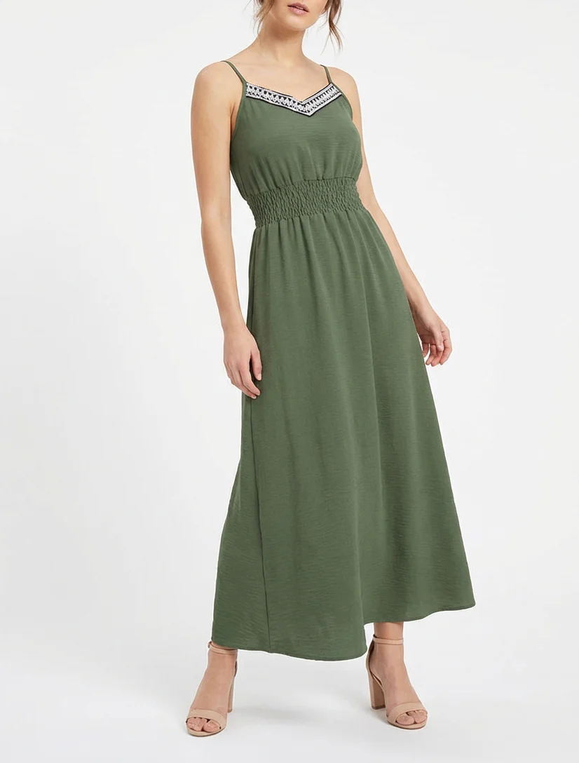 Robe longue unie à taille élastiquée - Kaki - Image 4