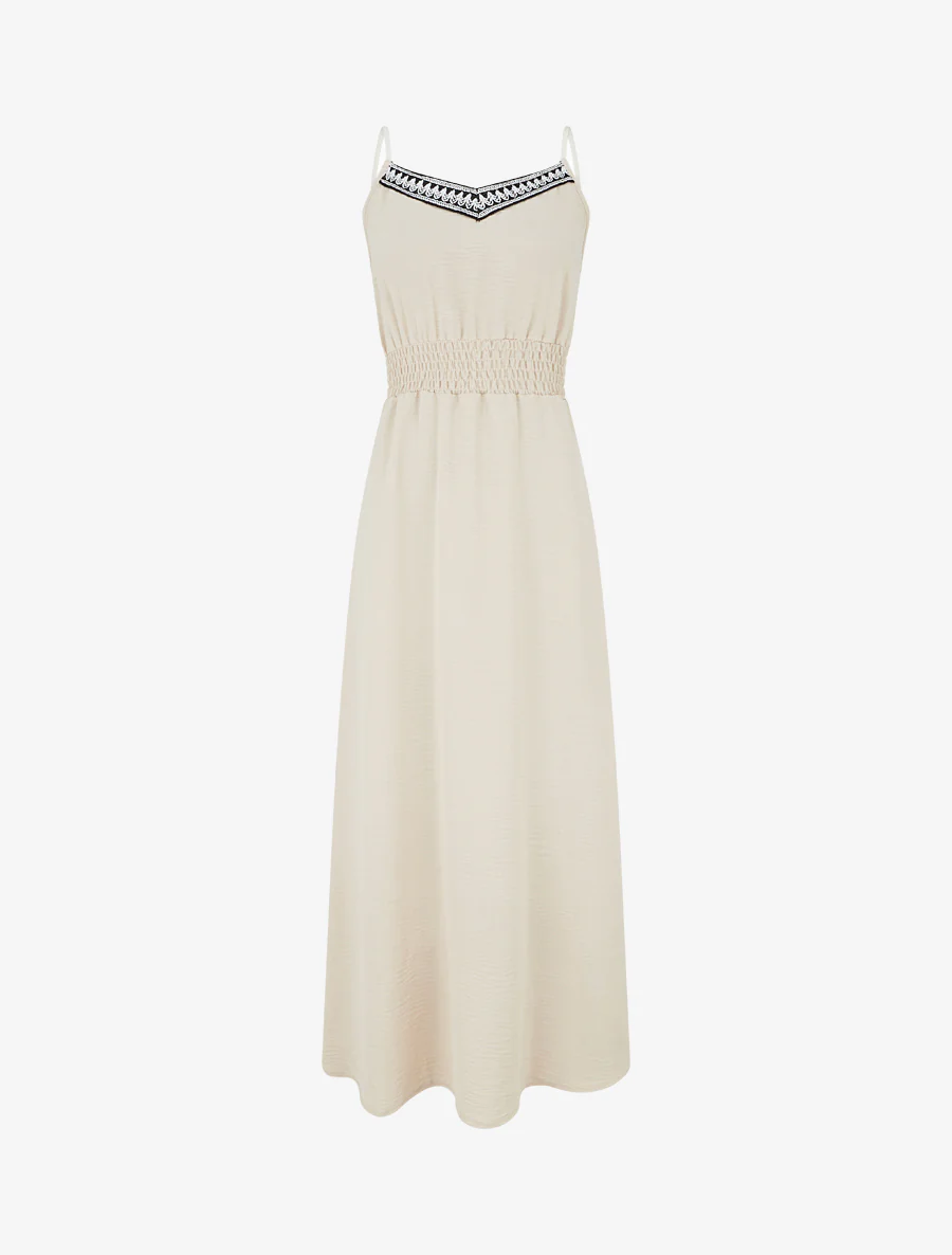 Robe longue unie à taille élastiquée - Beige