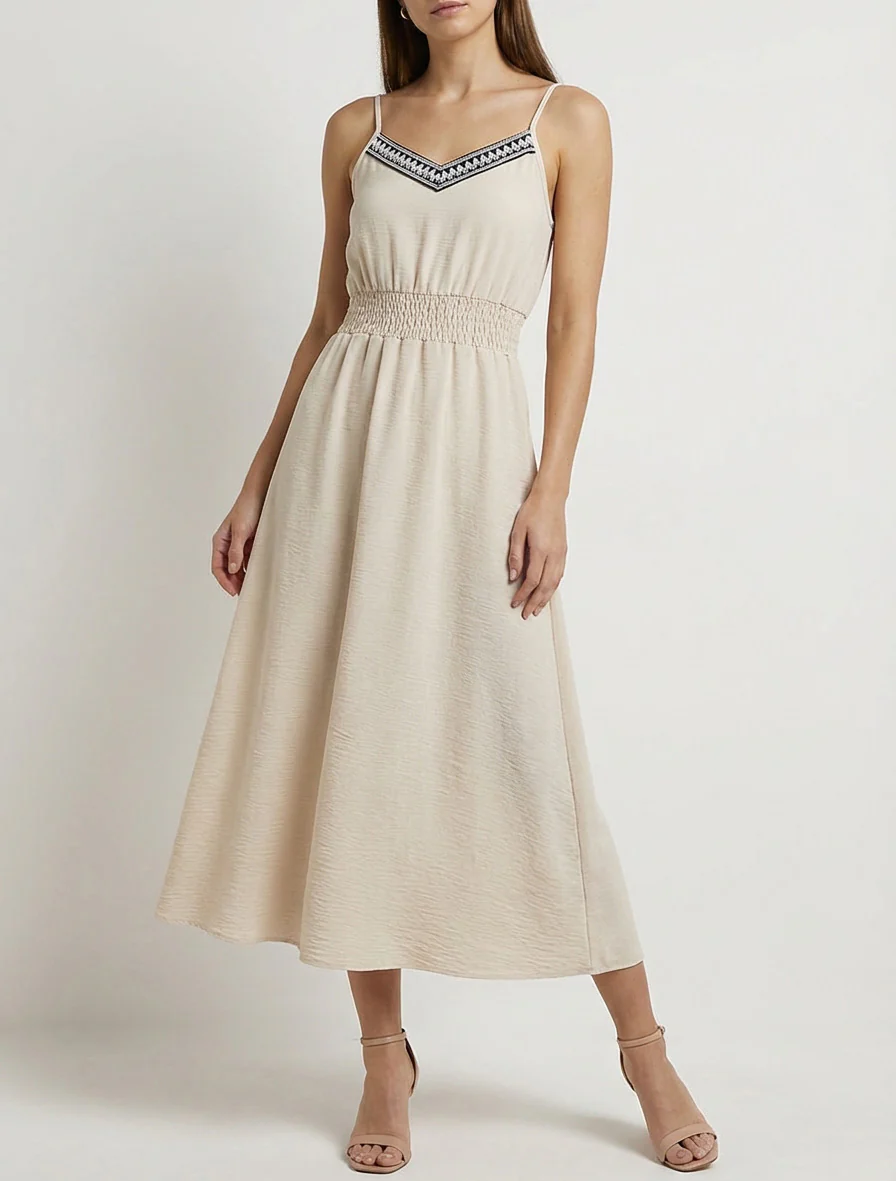 Robe longue unie à taille élastiquée - Beige - Image 4