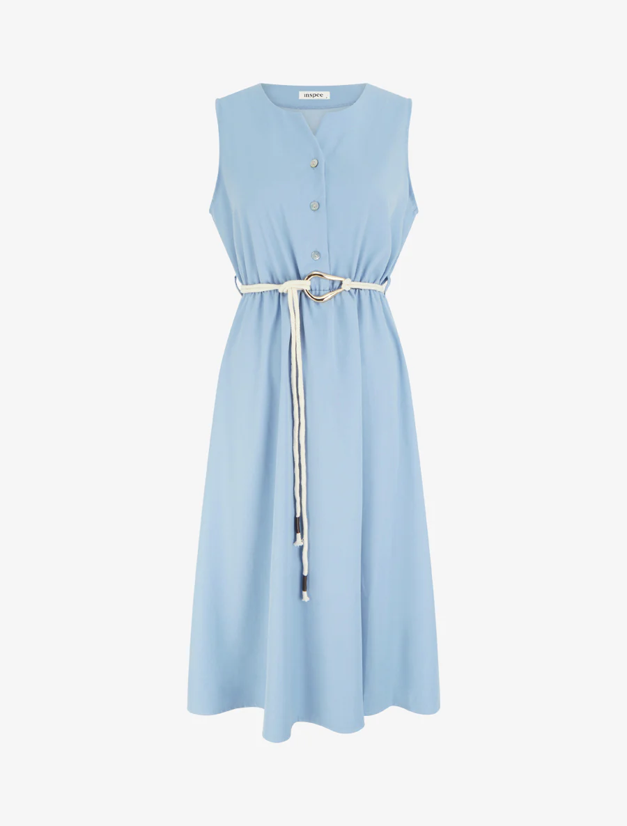 Robe longue unie à taille élastiquée - Bleu ciel