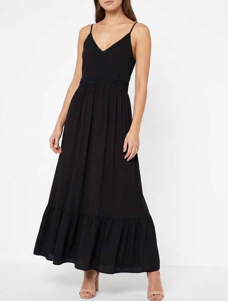 Robe longue unie à taille en dentelle - Noir - Image 4