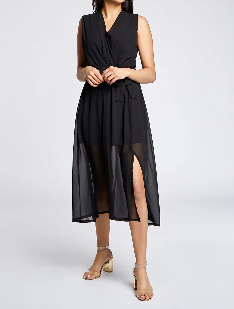 Robe longue unie à voile - Noir - Image 4