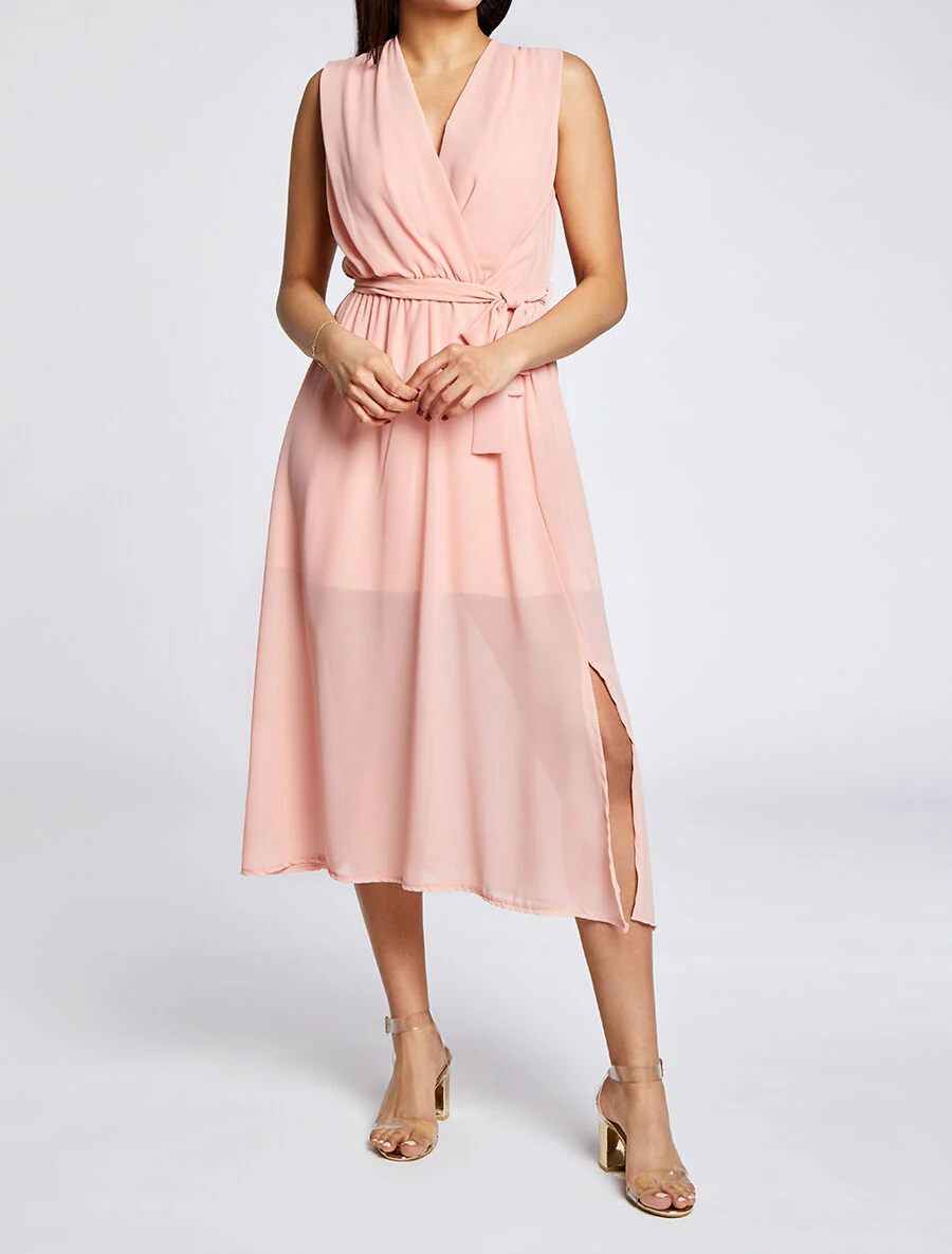 Robe longue unie à voile - Rose - Image 4
