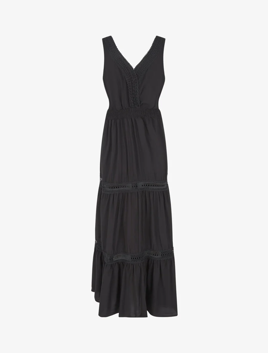 Robe longue unie ajourée - Noir - Image 2