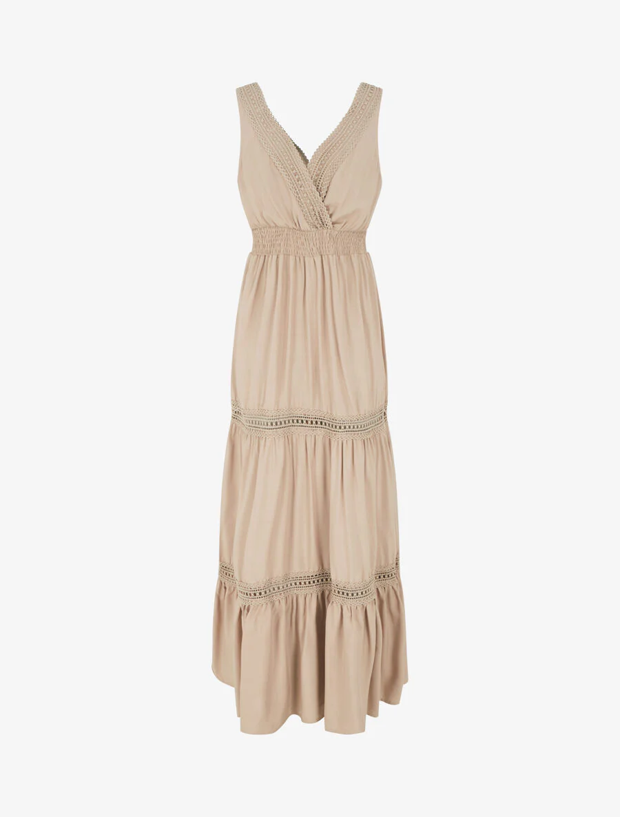 Robe longue unie ajourée - Beige - Image 2