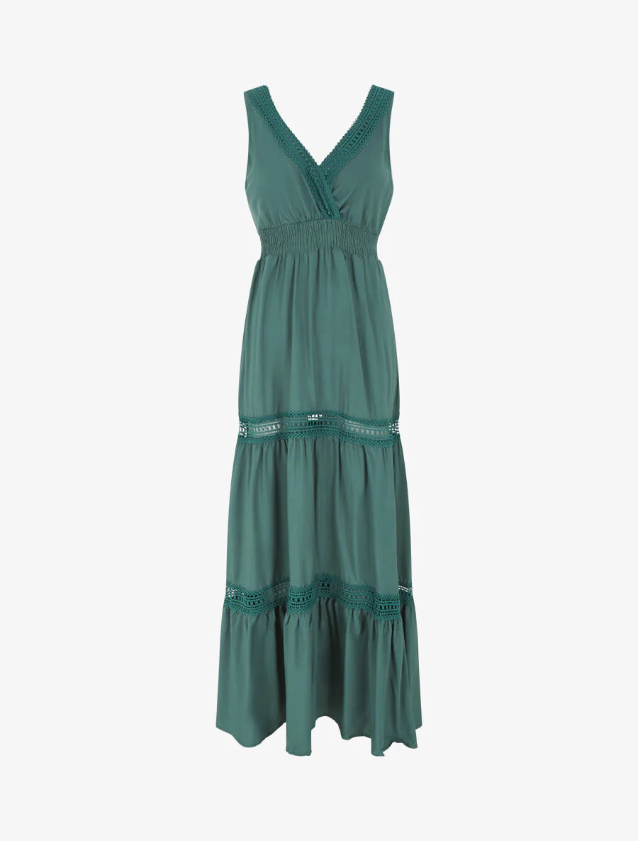 Robe longue unie ajourée - Vert sapin