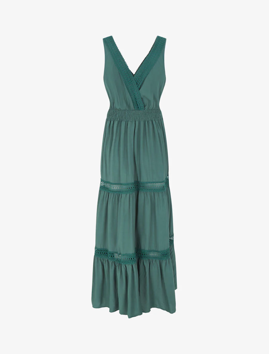 Robe longue unie ajourée - Vert sapin - Image 2
