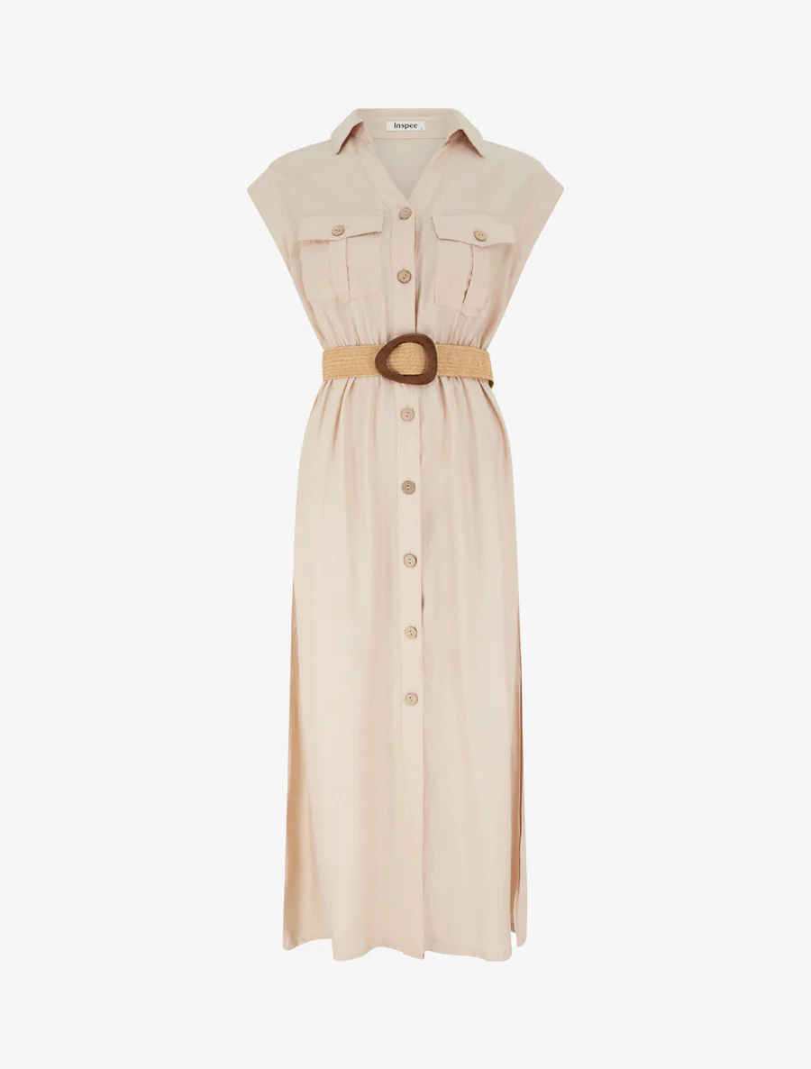 Robe longue unie boutonnée - Beige