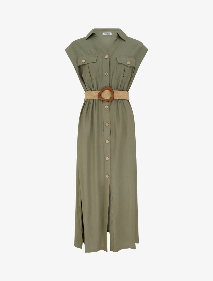 Robe longue unie boutonnée - Kaki
