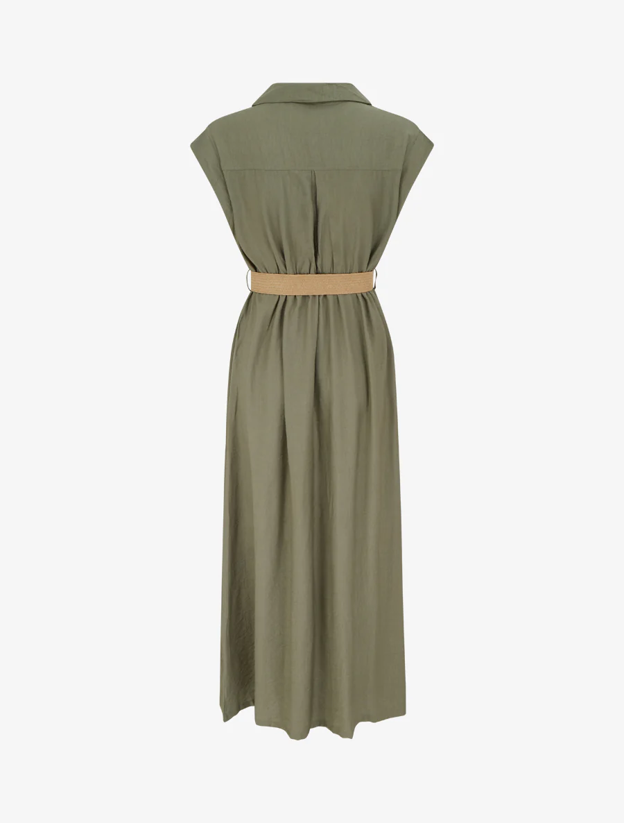 Robe longue unie boutonnée - Kaki - Image 2