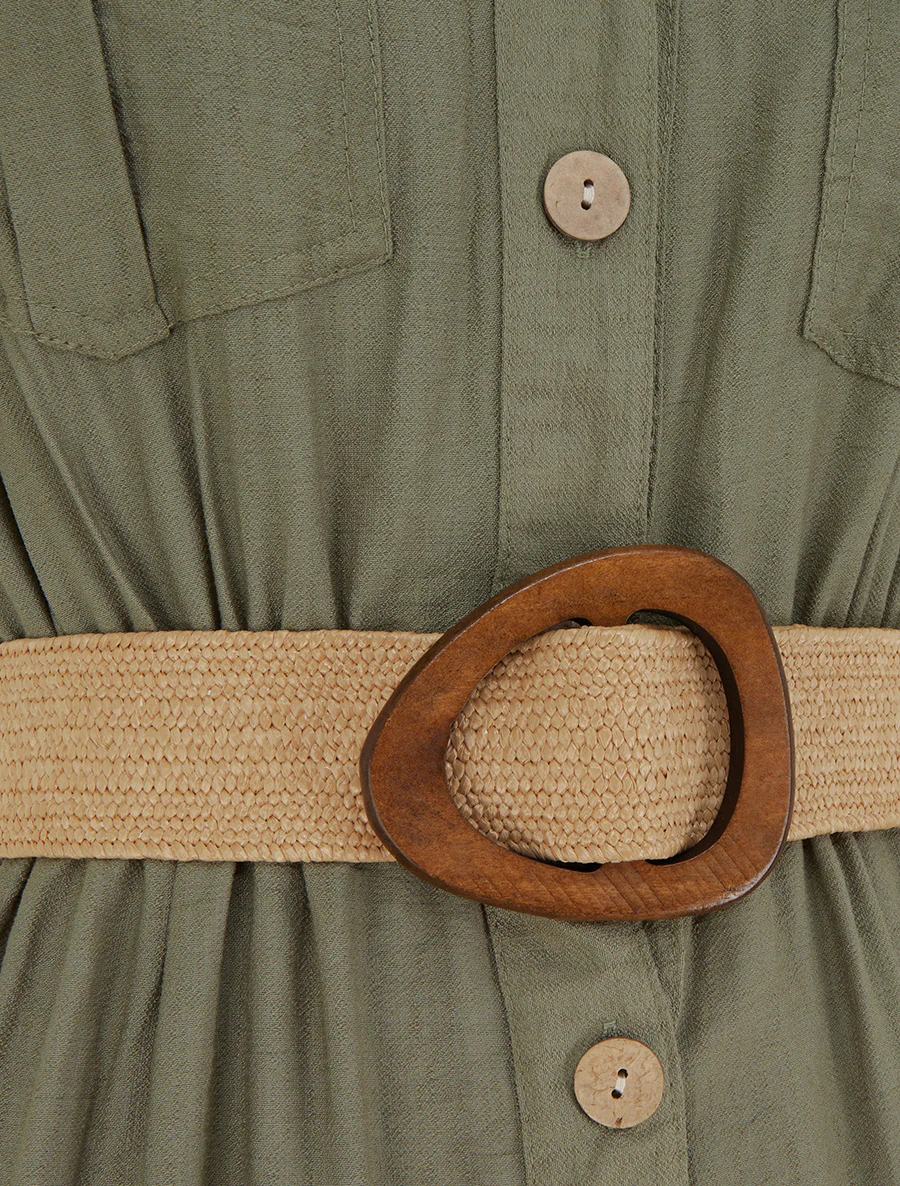 Robe longue unie boutonnée - Kaki - Image 3