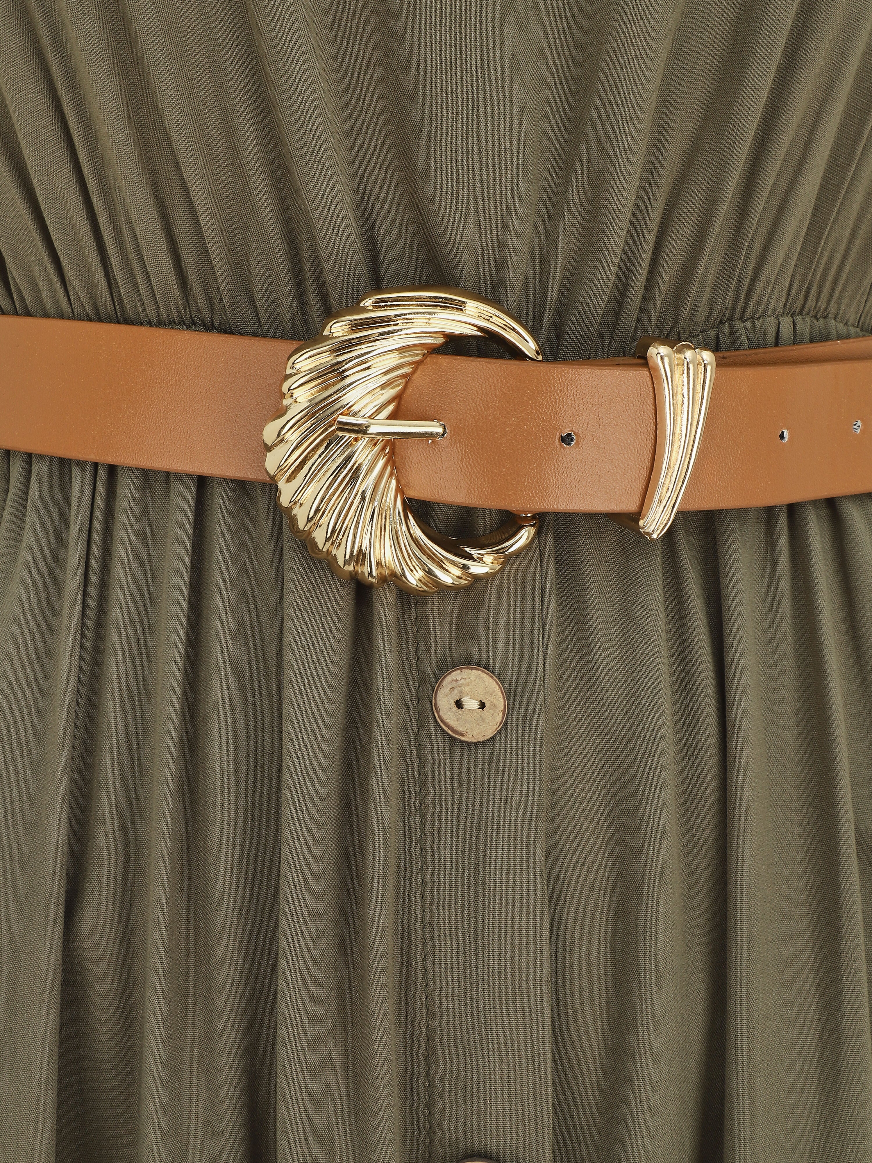 Robe longue unie boutonnée sans manches - Kaki - Image 3