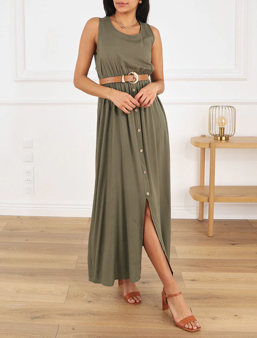 Robe longue unie boutonnée sans manches - Kaki - Image 4