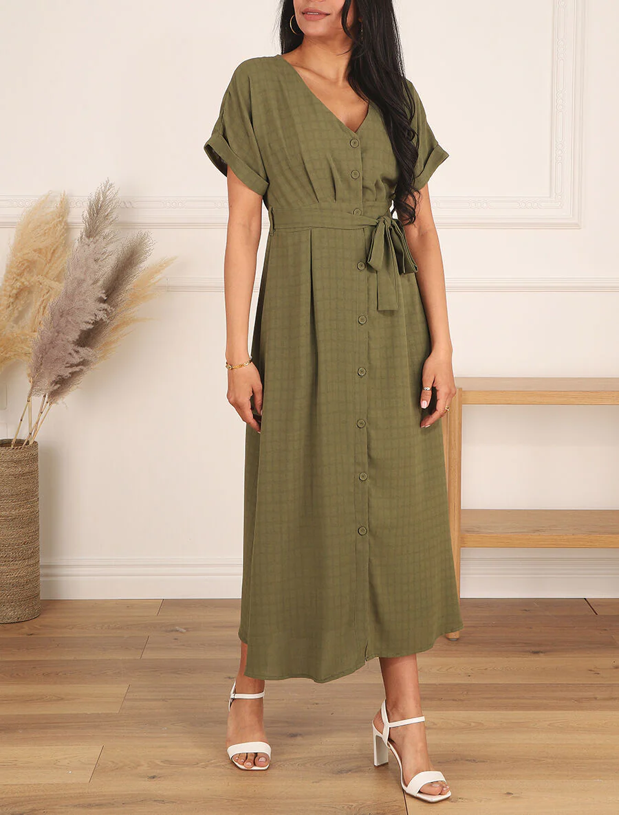 Robe longue unie ceinturée - Kaki - Image 4