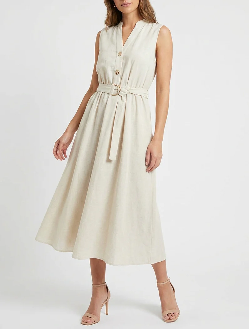 Robe longue unie effet lin - Beige - Image 4
