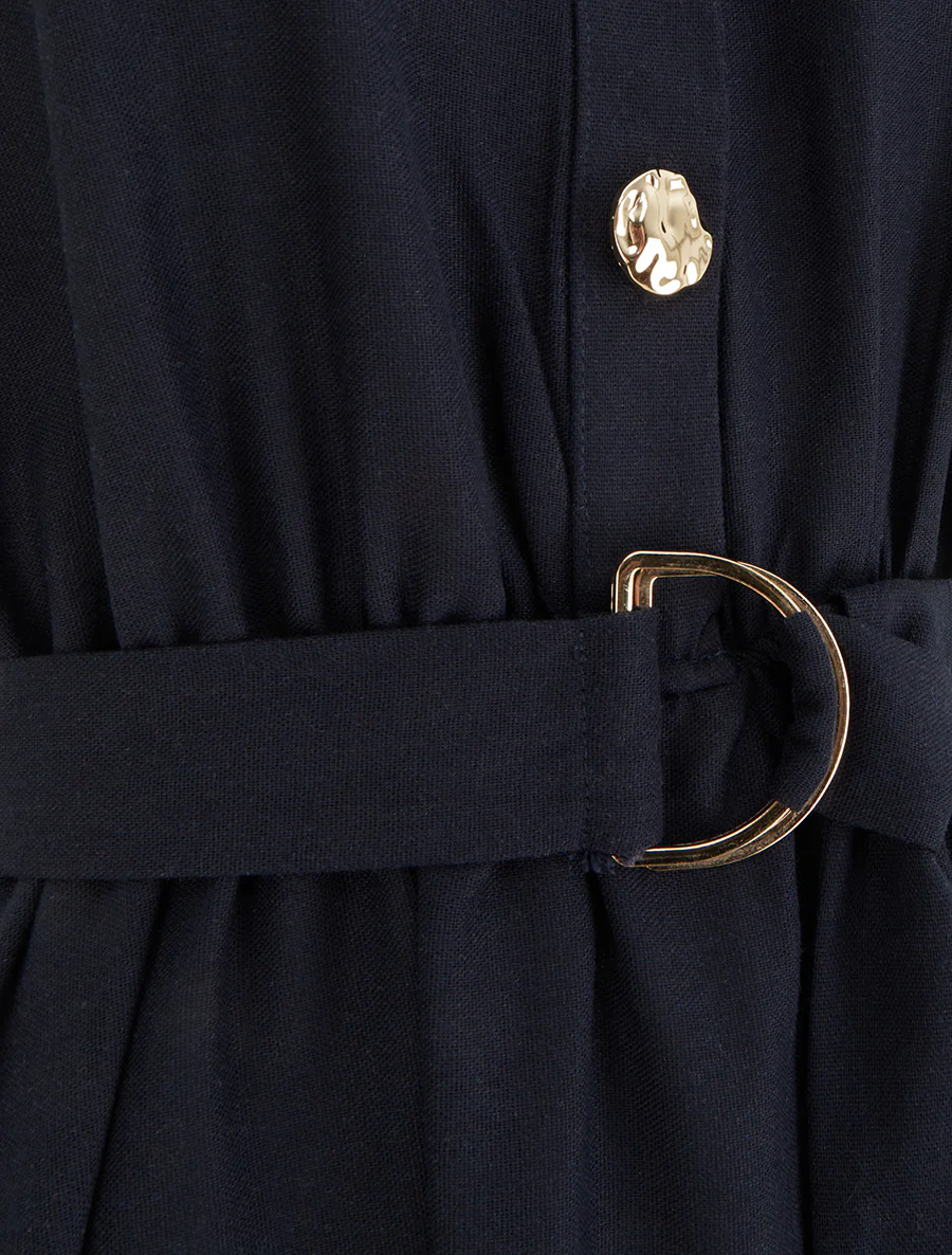 Robe longue unie effet lin - Marine - Image 3
