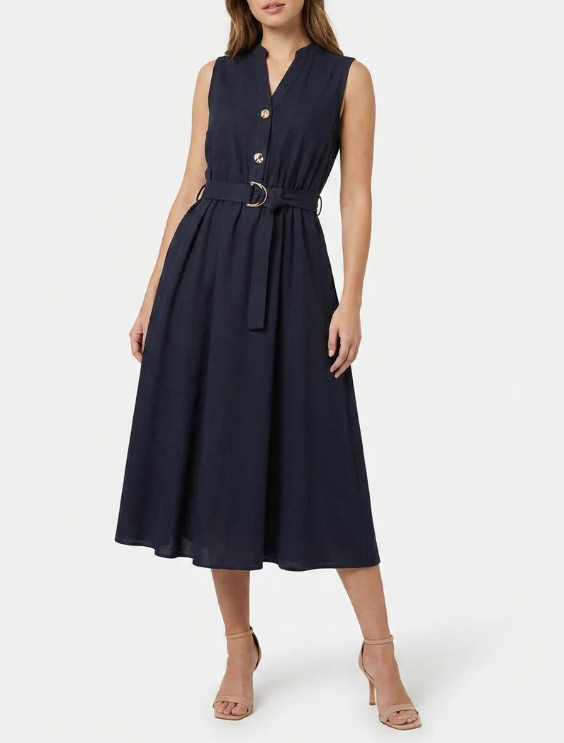 Robe longue unie effet lin - Marine - Image 4