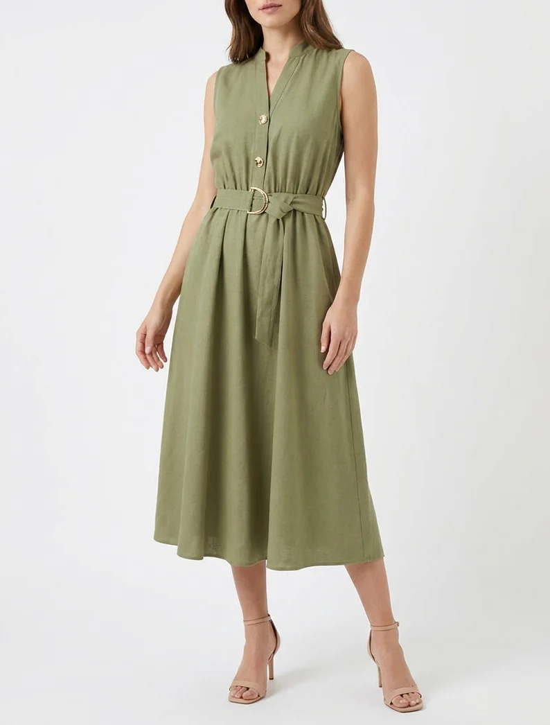 Robe longue unie effet lin - Kaki - Image 4