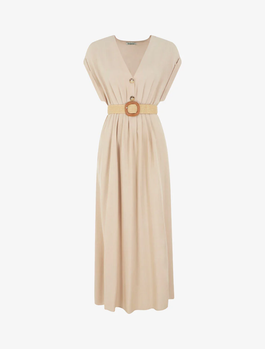 Robe longue unie élastiquée - Beige