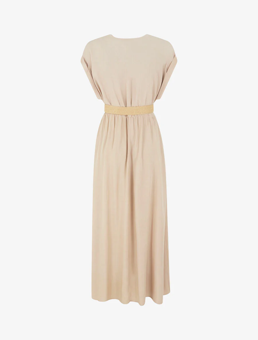 Robe longue unie élastiquée - Beige - Image 2