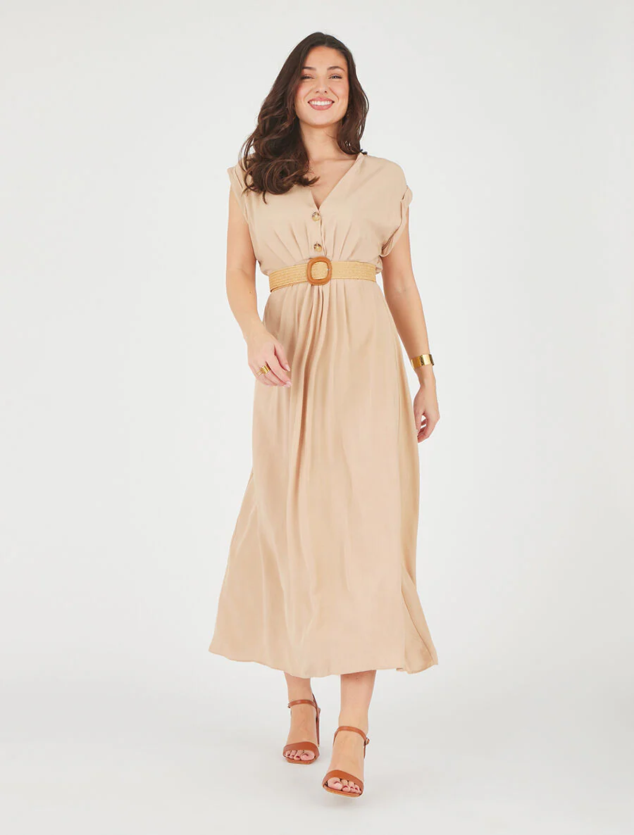Robe longue unie élastiquée - Beige - Image 4