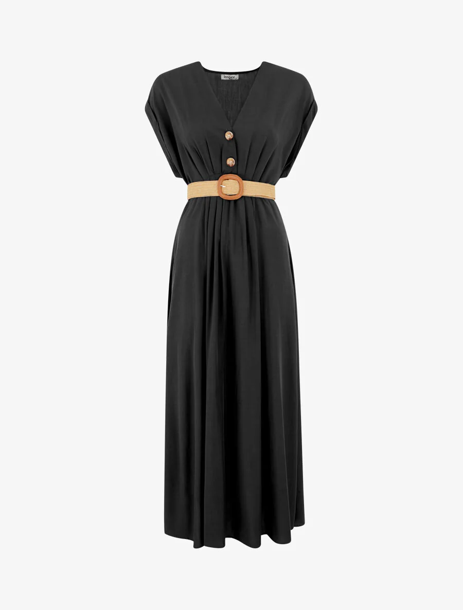 Robe longue unie élastiquée - Noir