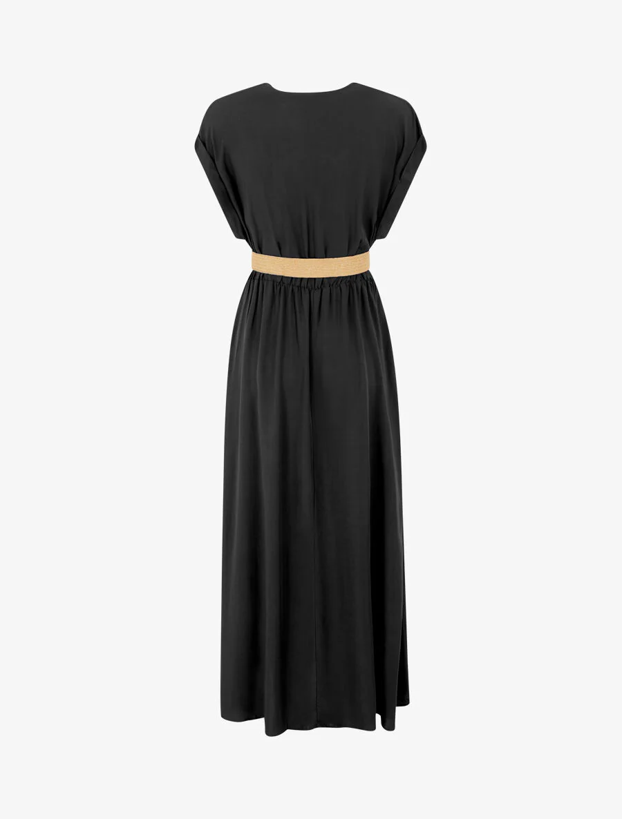 Robe longue unie élastiquée - Noir - Image 2