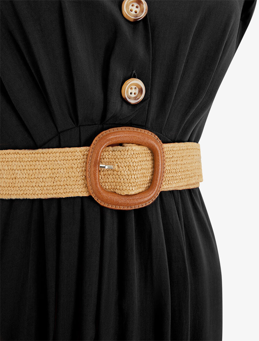Robe longue unie élastiquée - Noir - Image 3