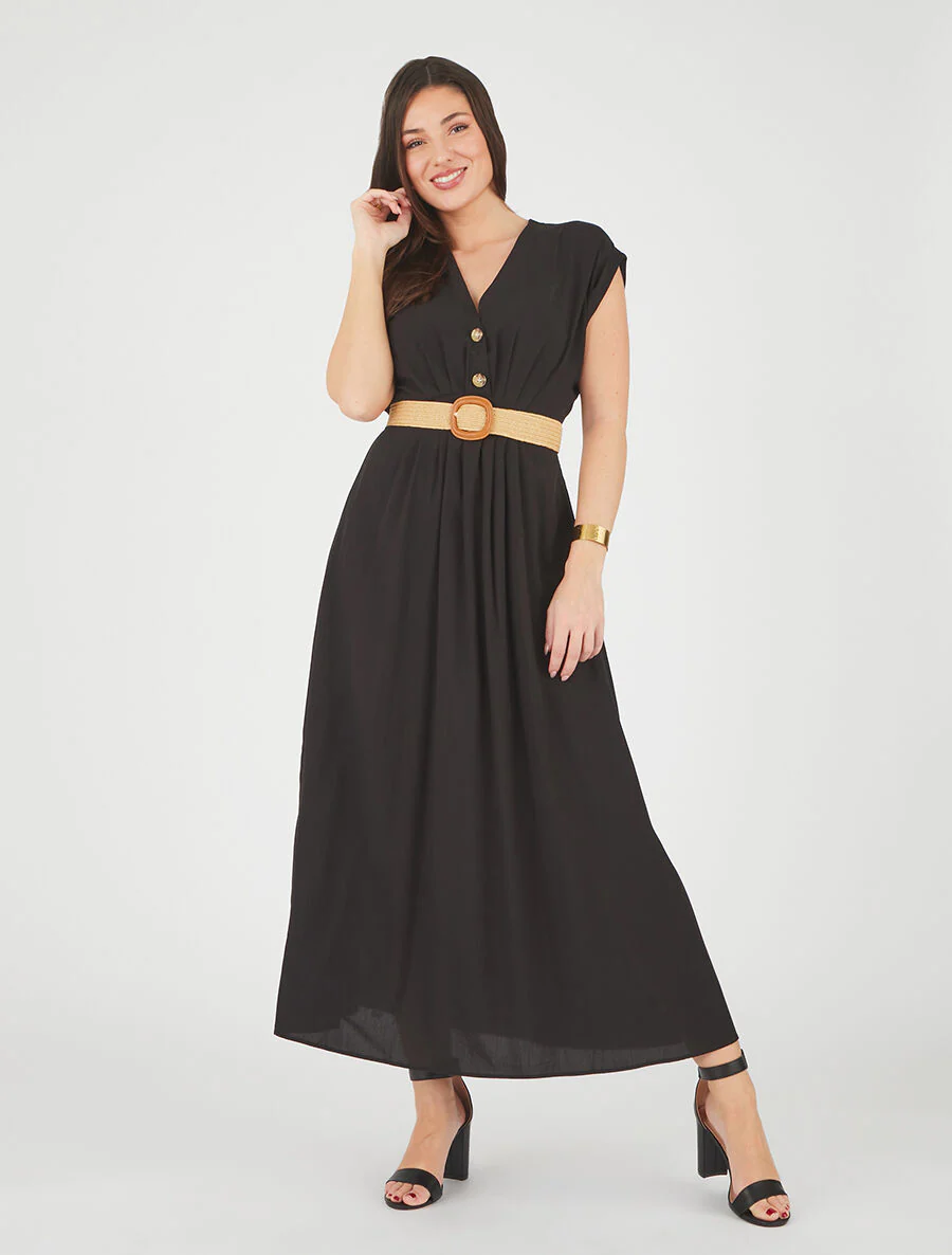 Robe longue unie élastiquée - Noir - Image 4