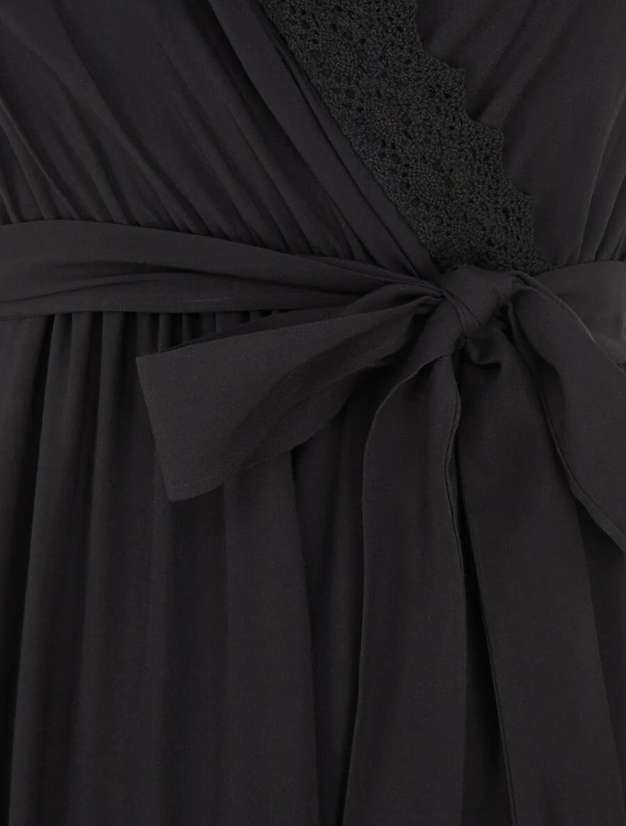 Robe longue unie élastiquée - Noir - Image 3