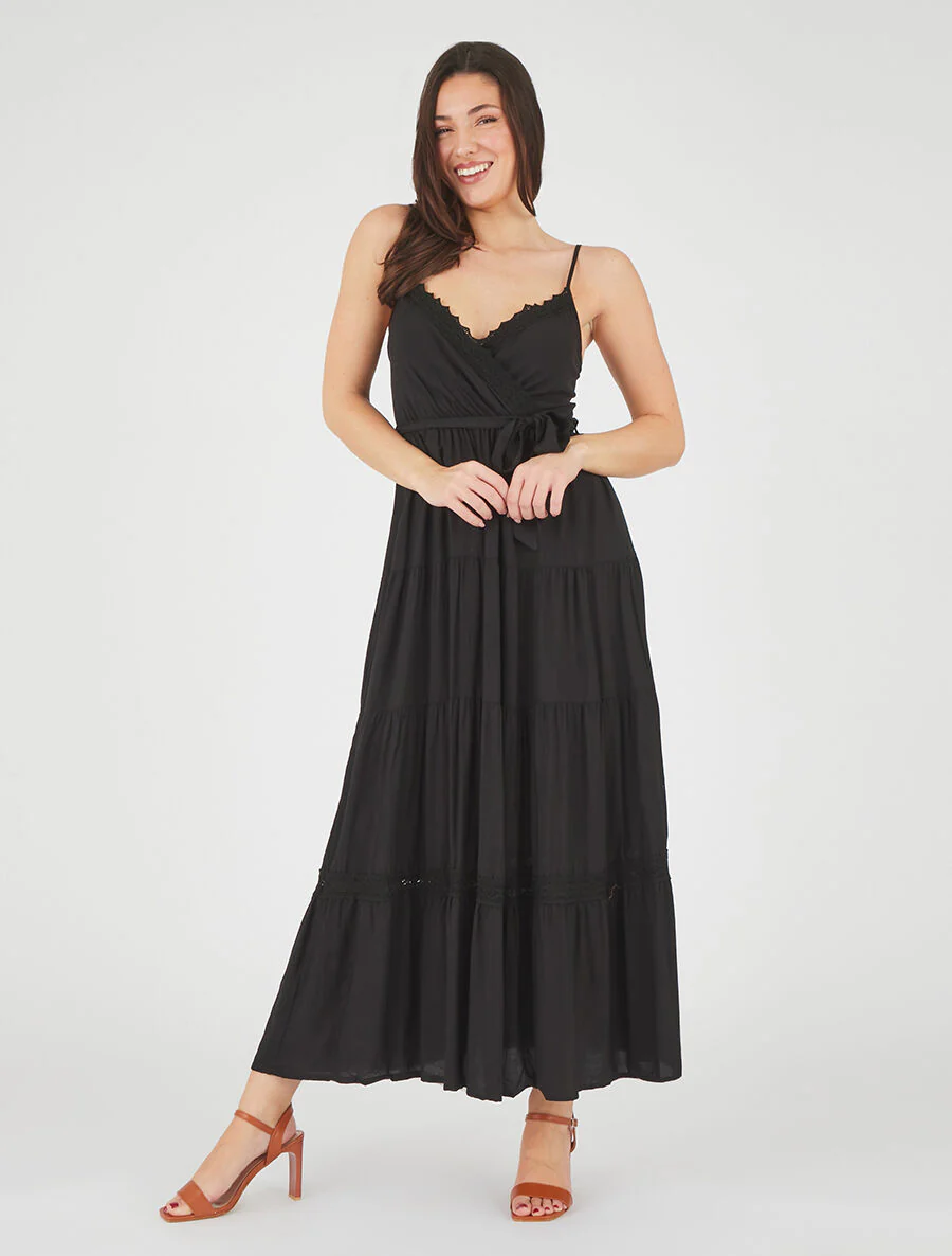 Robe longue unie élastiquée - Noir - Image 4